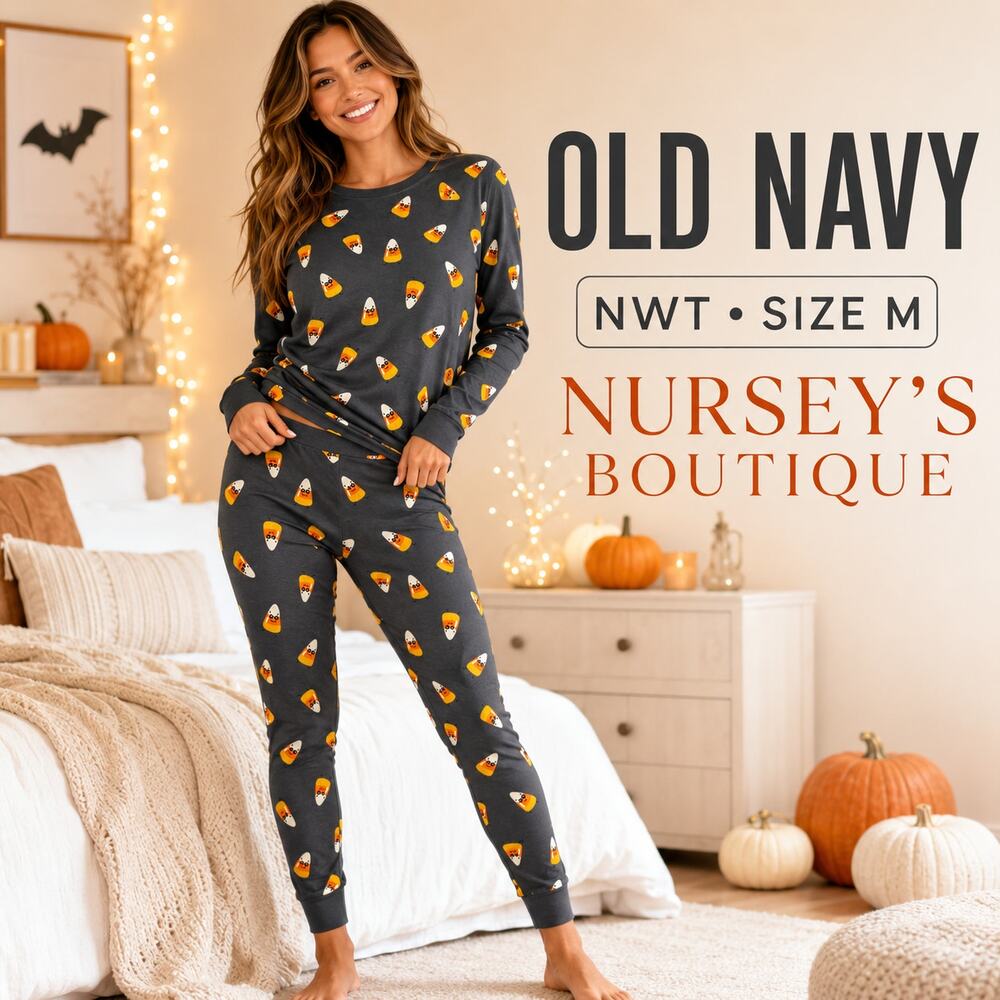 Old Navy Candy Corn Halloween Pajama Set Women M Gray Cotton NWT Matching